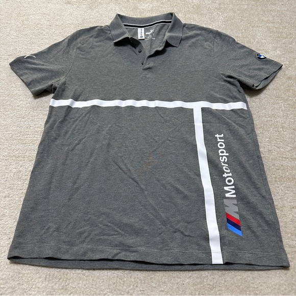 Puma Men's Large BMW Motorsports Gray Knit Polo Shirt White Stripe Racing - Picture 1 of 6